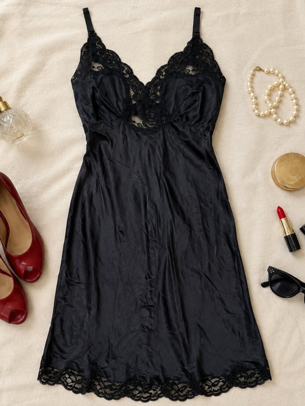 Lady Lynne Vintage Black Lace Trim Slip Dress SZ 36 Intimates & Sleepwear SZ S/M